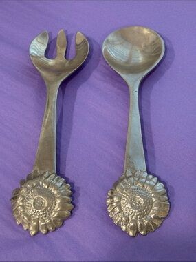 Vintage Mariposa Sunflower Salad Serving Set 1992 Handcrafted Aluminum Mexico